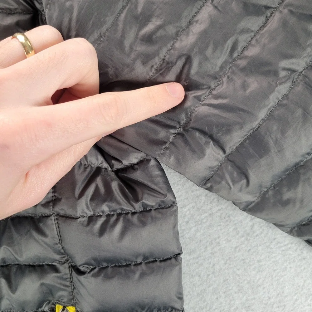 Eddie Bauer EB650 Down Puffer‎ Jacket Mens Medium Gray Yellow Full Zip Quilted